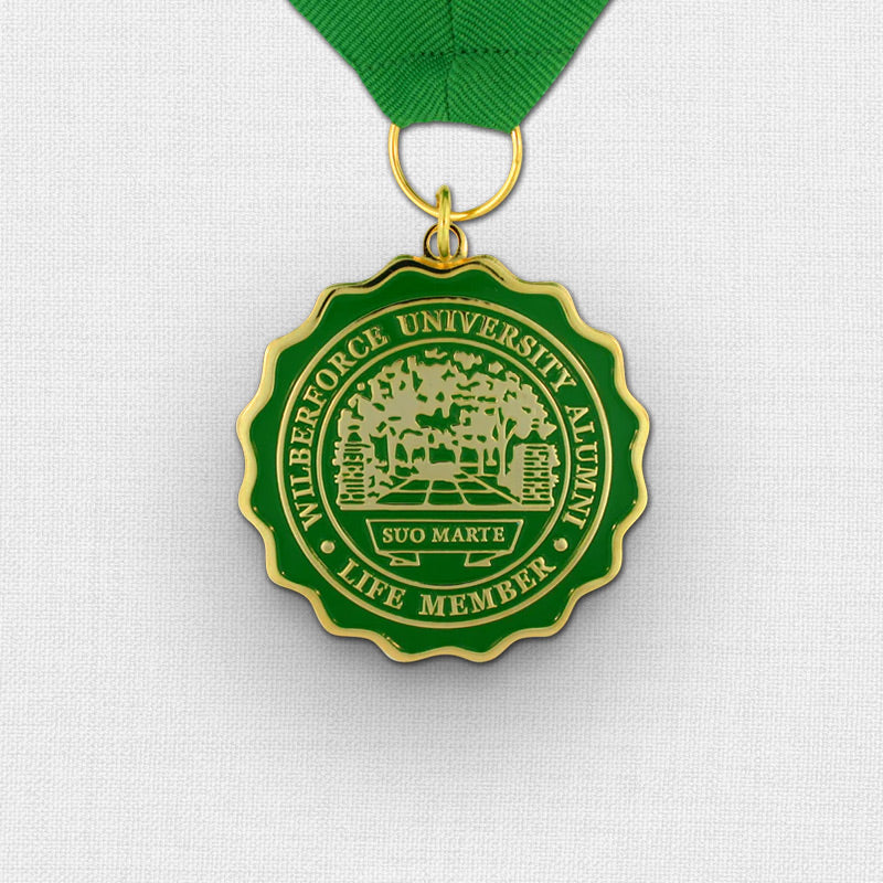 Gold and green award medal with a ribbon